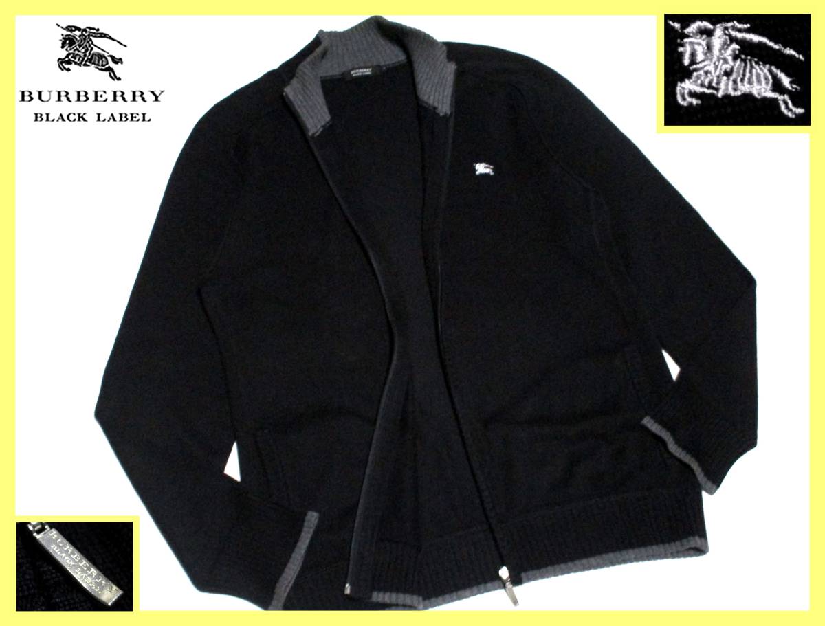 大人気サイズ L(3)☆美品 バーバリーブラックレーベル ホワイトホース刺繍 襟内グレーデザイン ジップアップ ニットジャケット