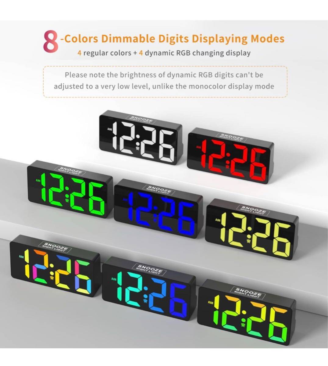 205) RGB デジタル目覚まし時計 ダイナミックでカラフルなLEDの大きな数字表示 7色ナイトライト USB A&C 2つの充電器ポート 大音量アラーム_画像3