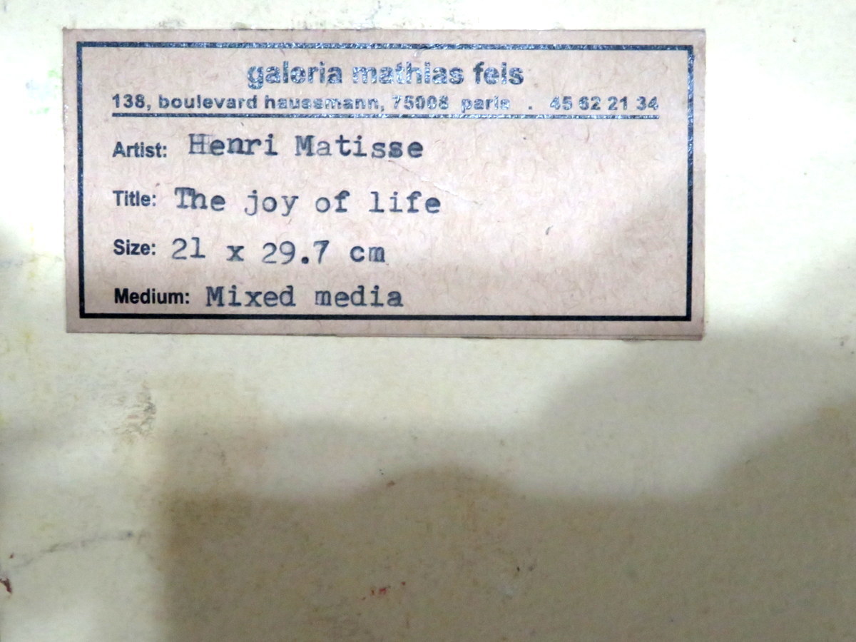 アンリ マティス Henri Matisse 人生の喜び The Joy of Life 1905年 ミクストメディア マチス画廊認証票 油彩 水彩 肉筆 原画 模写_画像9