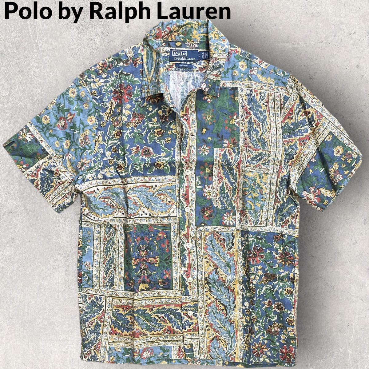 美品 POLO by Ralph Lauren ラルフローレン カスタムフィット フローラルプリント リネン オープンカラーシャツ Sサイズ