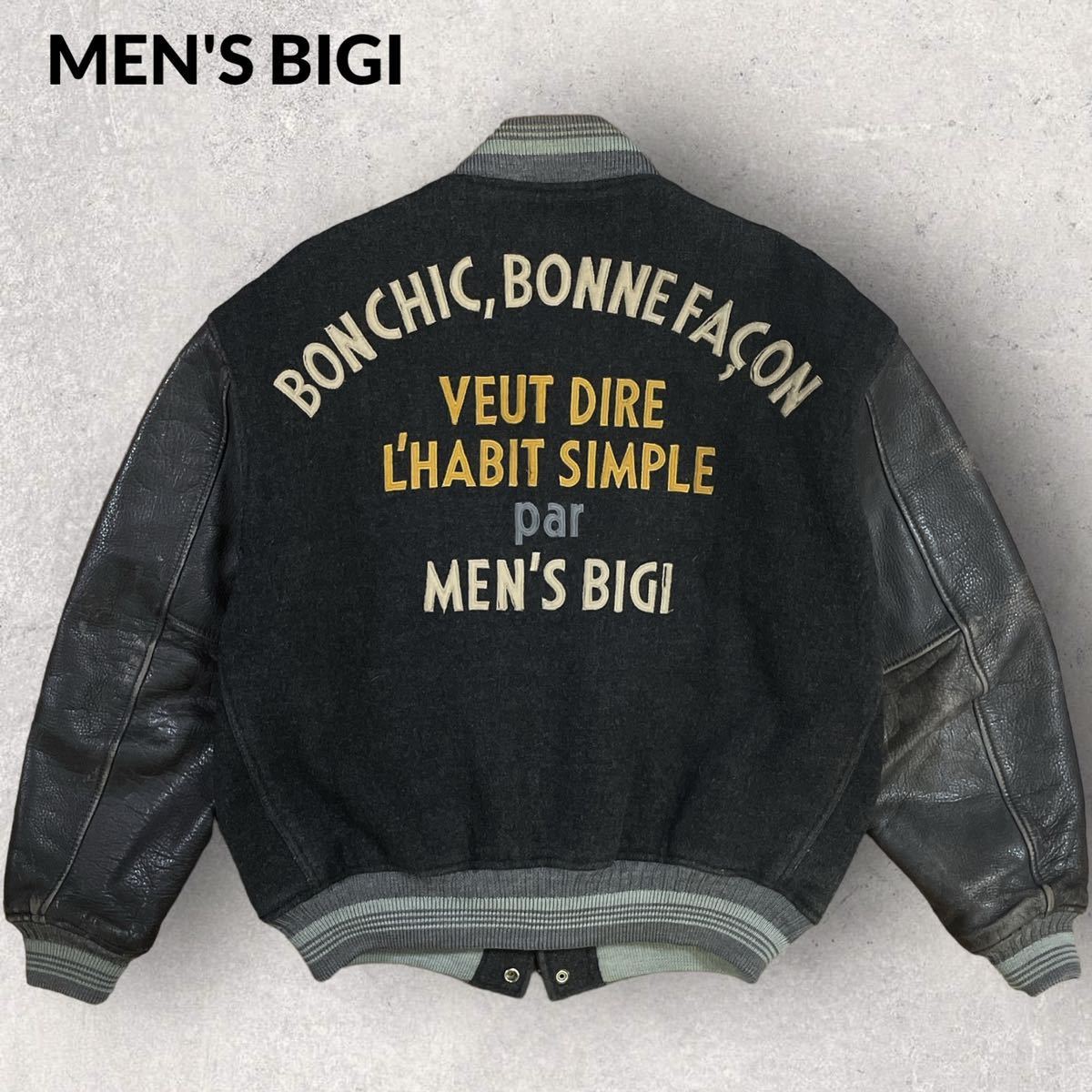 MEN´S BIGI メンズビギ 80s アーチロゴ 袖革 スタジャン グレー M