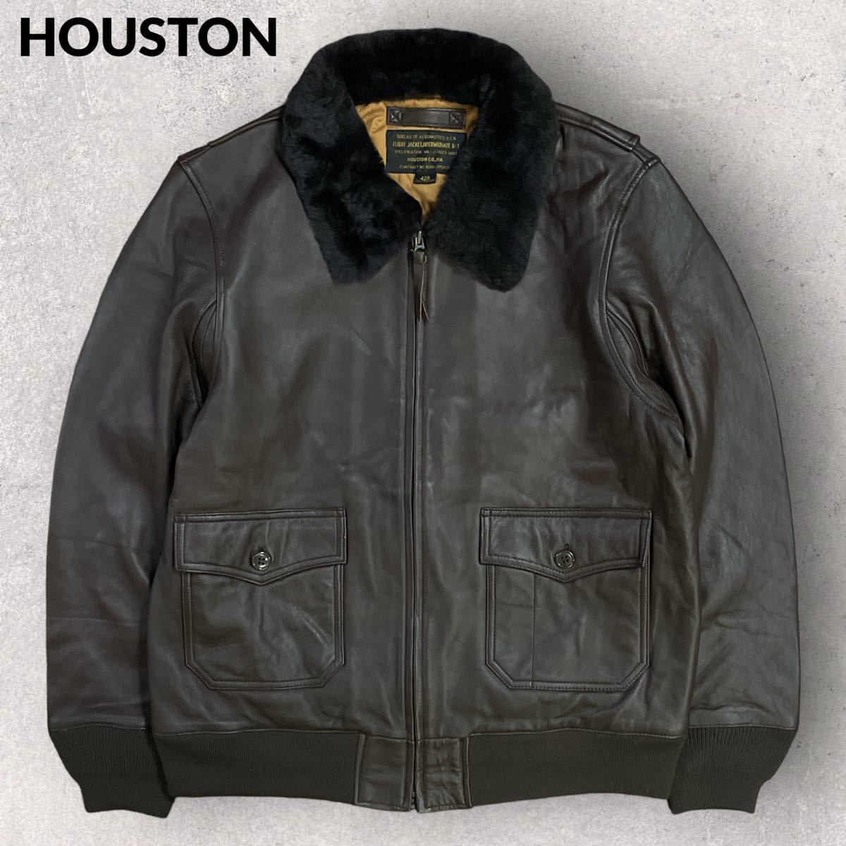 定価5万 タグ付 極美品 HOUSTON ヒューストン TYPE G-1 羊革 フライトジャケット リアルムートン サイズ42 大きいサイズ