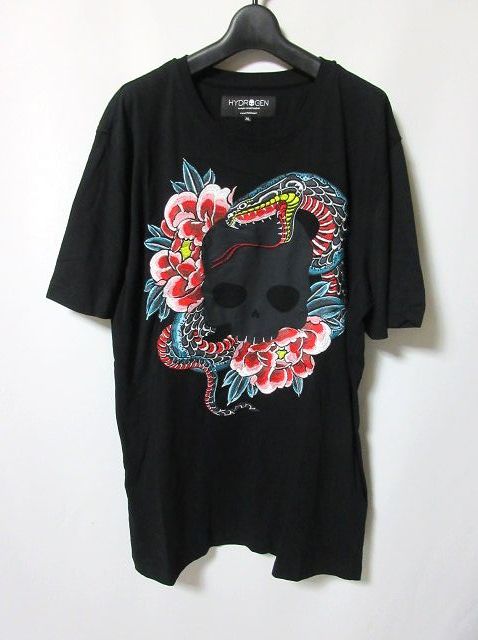 XL 黒 HYDROGEN ハイドロゲン SNAKE HORIOKAMI ホリオオカミ TEE 刺繍 スカル ヘビ 蛇 刺繍 Tシャツ