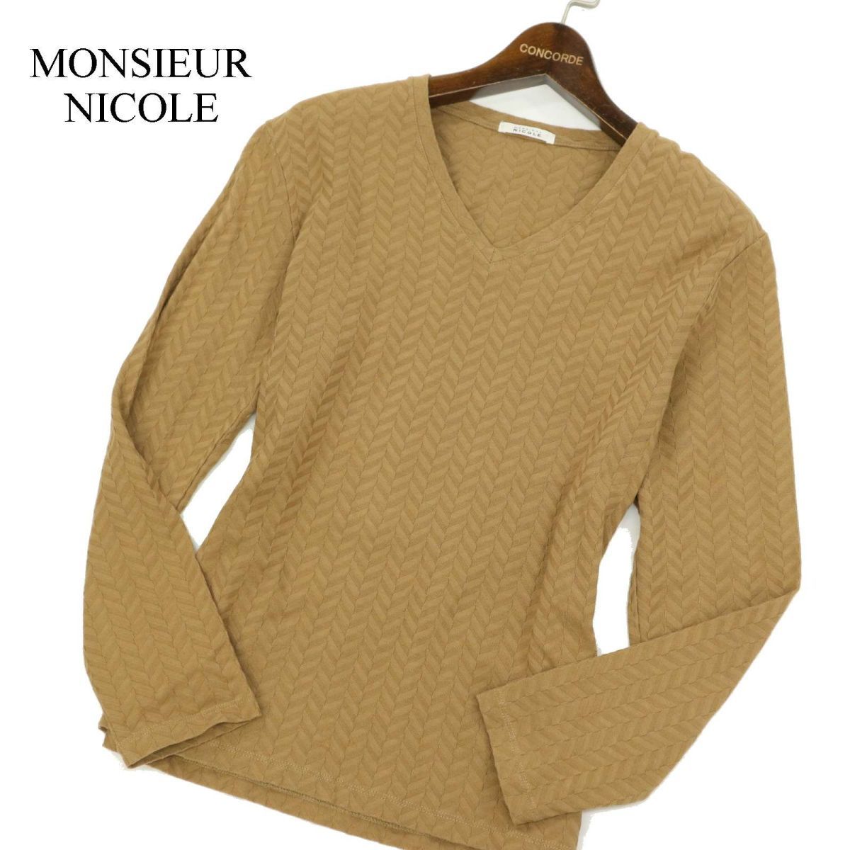 MONSIEUR NICOLE ムッシュ ニコル 通年 長袖 ヘリンボーン柄 Vネック カットソー ロンTシャツ Sz.46　メンズ　C3T08413_9#F_画像1