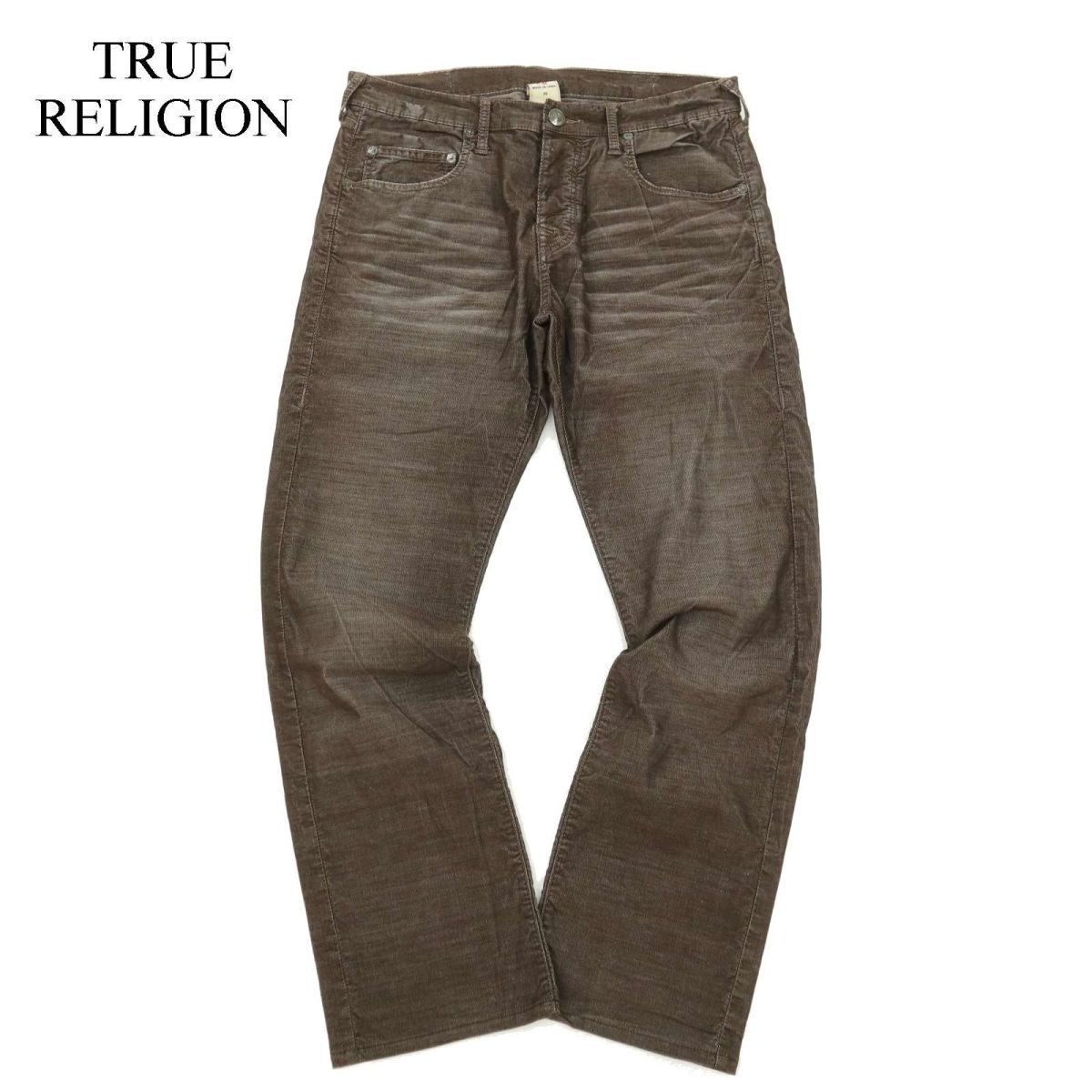 TRUE RELIGION トゥルーレリジョン 秋冬 USED加工★ 牛革パッチ 細コーデュロイ パンツ Sz.32　メンズ 茶色　C3B03708_A#Q_画像1