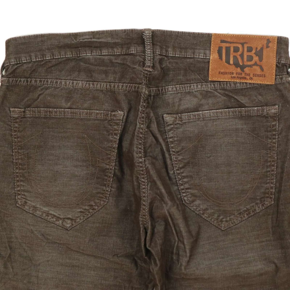 TRUE RELIGION トゥルーレリジョン 秋冬 USED加工★ 牛革パッチ 細コーデュロイ パンツ Sz.32　メンズ 茶色　C3B03708_A#Q_画像6