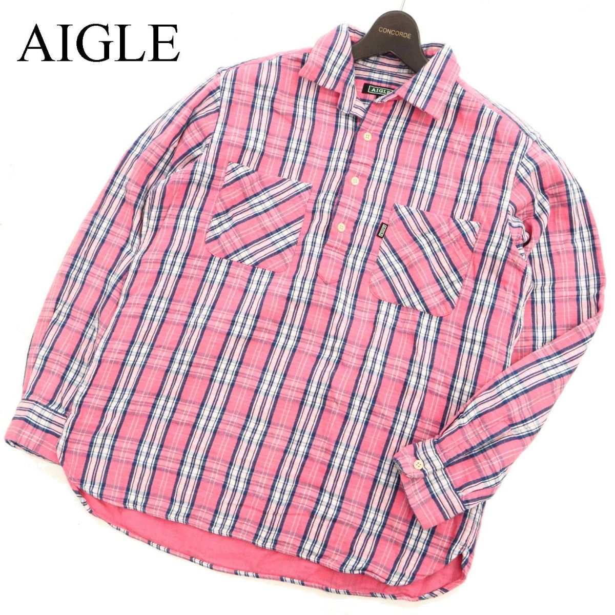 AIGLE エーグル 通年 長柄 胸ロゴ チェック ネル★ ポロシャツ Sz.M　メンズ アウトドア ピンク　C3T08913_A#C_画像1