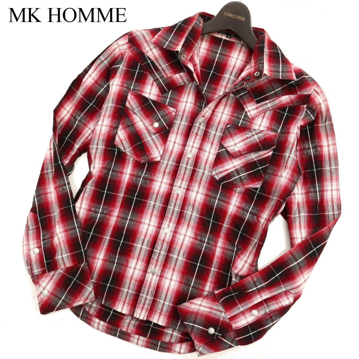 MK HOMME ミッシェルクラン オム 通年 長柄 ウエスタン チェック★ シャツ Sz.46　メンズ 赤　C3T08909_A#C_画像1