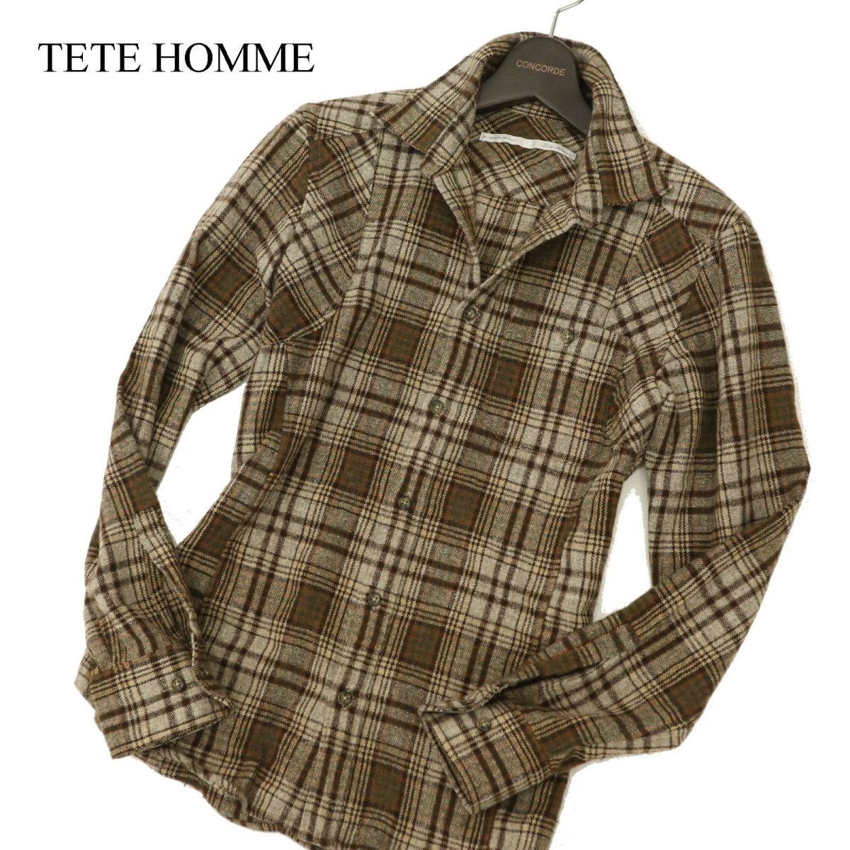 TETE HOMME テットオム 秋冬 ウール★ スリム 長袖 チェック ネル シャツ Sz.5　メンズ 茶色系 日本製　C3T08926_A#B_画像1