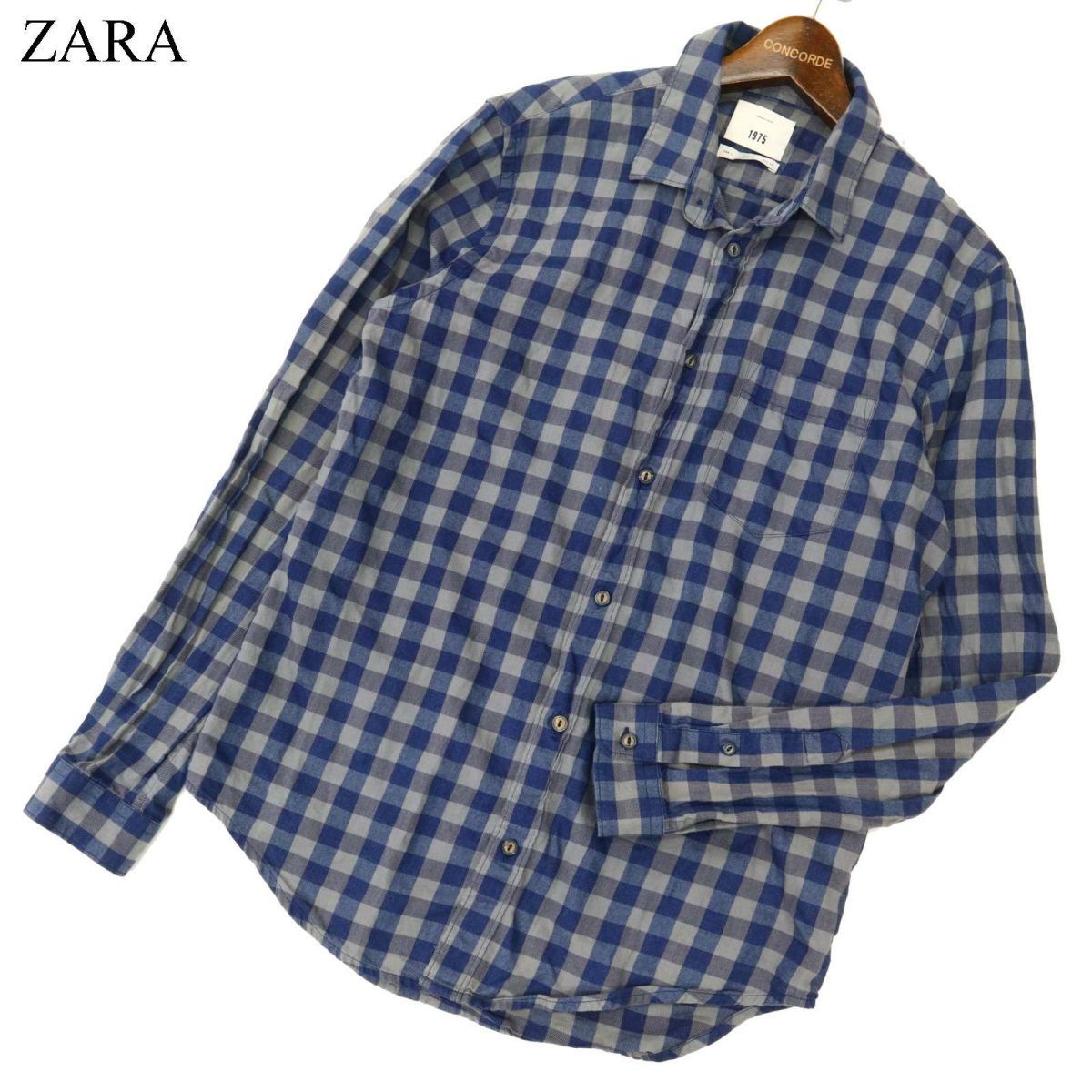 ZARA ザラ マン 通年 長袖 インディゴ チェック★ シャツ Sz.L　青 メンズ　C3T09097_A#C_画像1