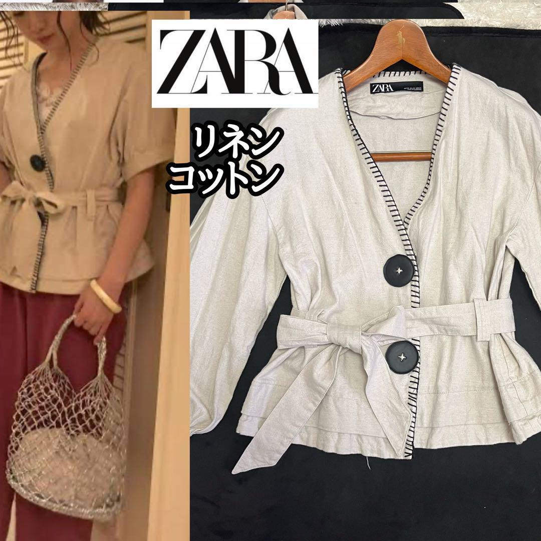 金属デカボタン【ZARA】パイピングノーカラージャケット*ウエストリボン*リネンザラ ジャケット 金属ボタン 個性的