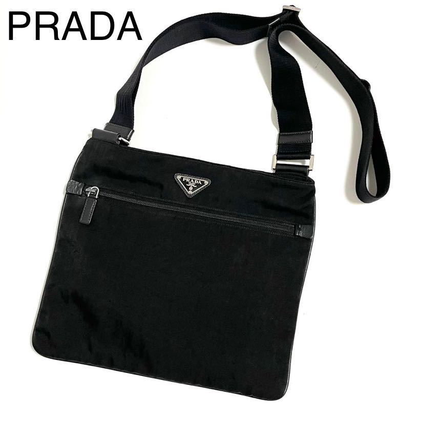 【美品】PRADA プラダ ショルダーバッグ サコッシュ ナイロン×サフィアーノレザー シワ加工 三角ロゴ 黒 レディース メンズ_画像1