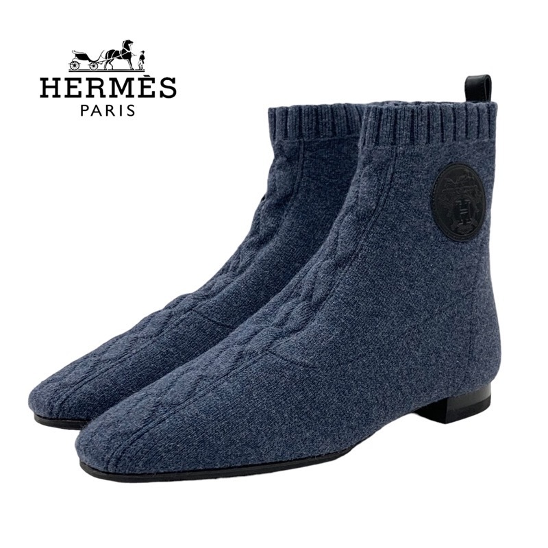 エルメス HERMES デュオ ブーツ ショートブーツ 靴 シューズ ニット レザー ブルー系 ブラック ソックスブーツ エクスリブリス