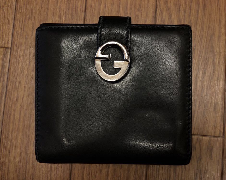 GUCCI グッチ ショートウォレット レザー 本革 2つ折り財布 ブラック BLACK 黒色 中古品 装飾品 ファッション小物【4323】K