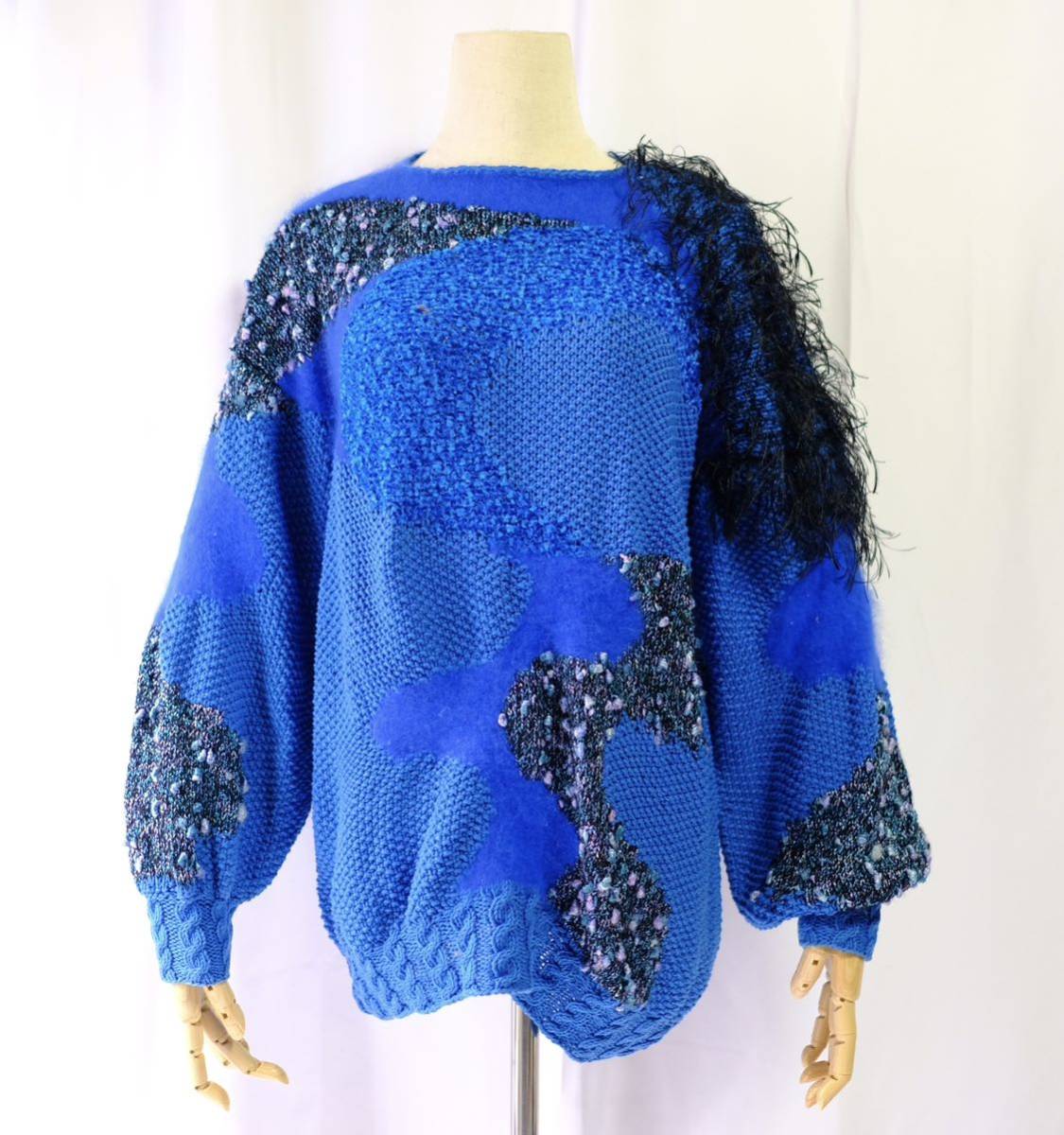 [1970~80s] Vintage designer's hand made knitted sweater old clothes mo hair wool cotton patchwork art design 