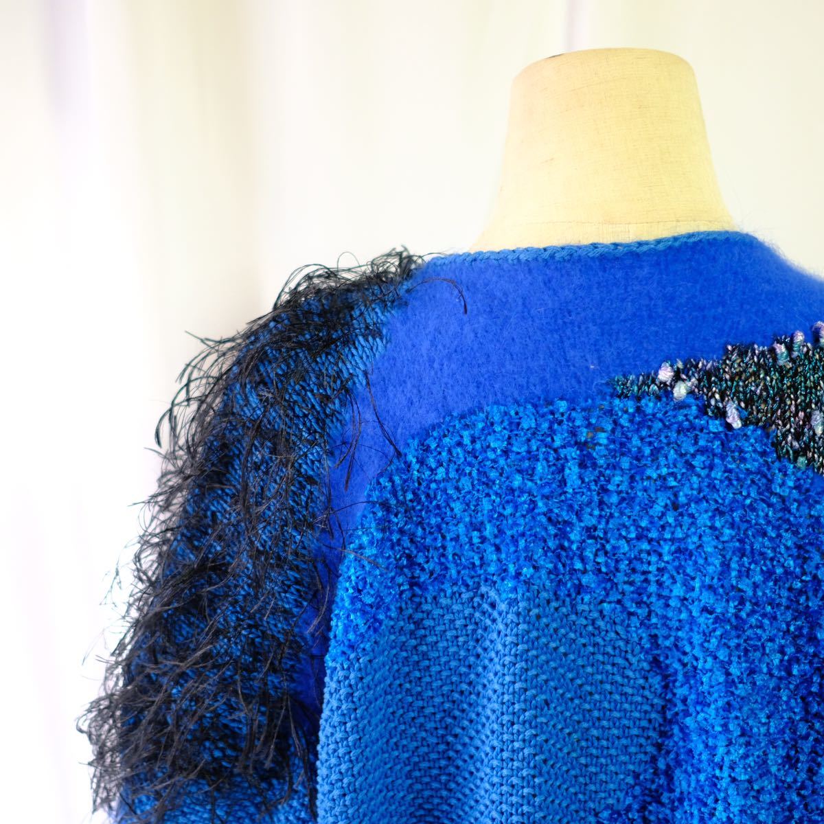 [1970~80s] Vintage designer's hand made knitted sweater old clothes mo hair wool cotton patchwork art design 