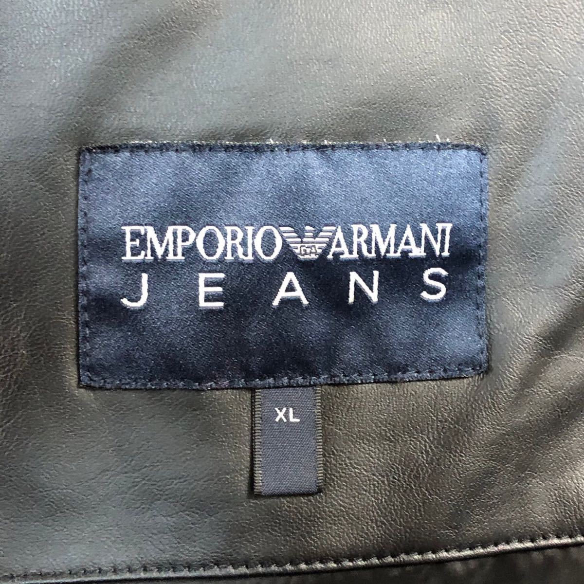 102231 定価40万●エンポリオ アルマーニ ジーンズ EMPORIO ARMANI JEANS XL高級 ダック ダウン ジャケット コート フード 黒 マットレザー_画像8