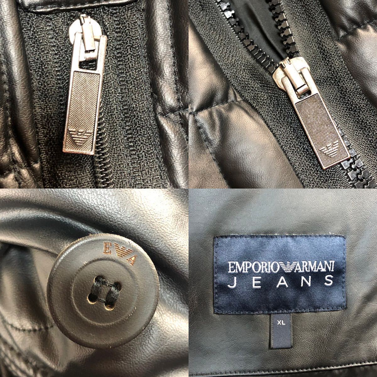 102231 定価40万●エンポリオ アルマーニ ジーンズ EMPORIO ARMANI JEANS XL高級 ダック ダウン ジャケット コート フード 黒 マットレザー_画像9