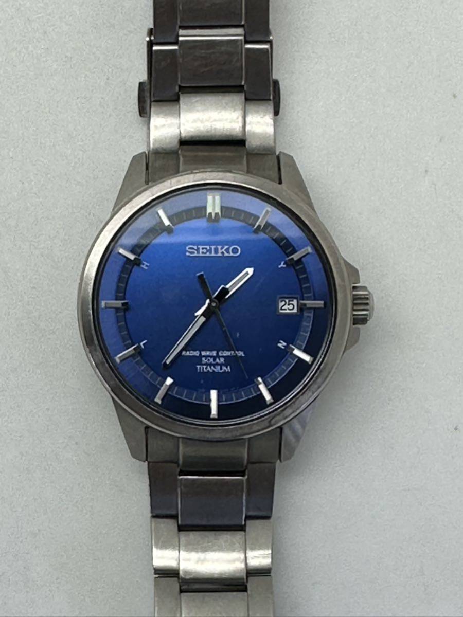 SEIKO セイコー 電波ソーラー 腕時計 7B52-0AD0 青文字盤 ブルー TITANIUM_画像1