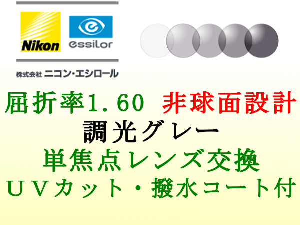 ニコン・エシロール 単焦点1.60 非球面 グレーに色が変わる 調光グレー メガネレンズ交換_画像1