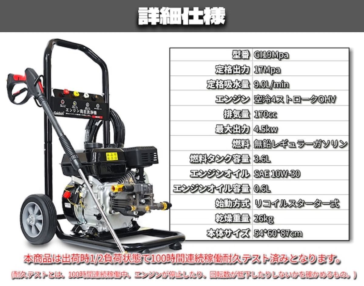 高圧洗浄機エンジン式 Gaidoh エンジ 付き高圧洗浄機 19Mpa 4つの噴射パターン 給水機能付 洗車 