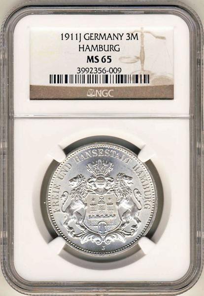 ○ドイツ帝国（ハンブルク自由都市） 1911年J NGC MS65 3マルク銀貨-