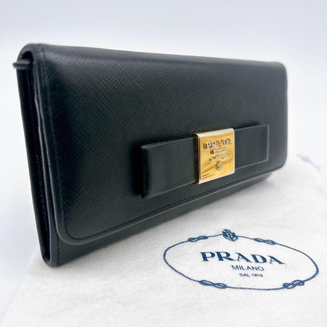 【未使用級パスケース付き】PRADA プラダ 長財布 リボン サフィアーノレザー 金ロゴ ギャランティカード 美品 ゴールド金具