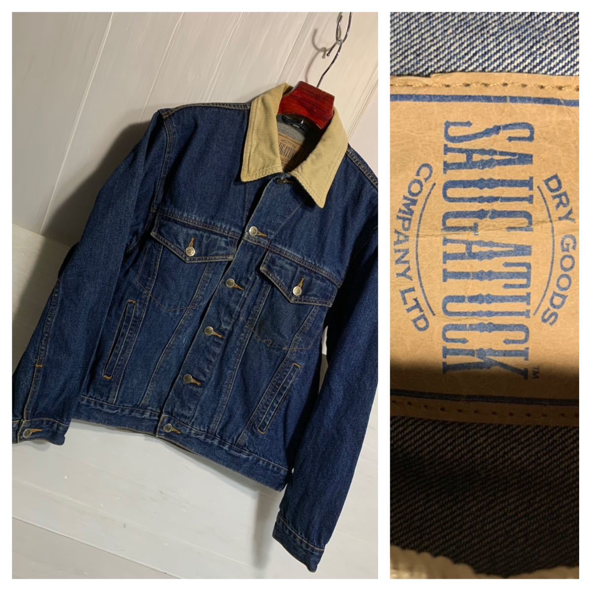 ヴィンテージ　SAUGATUCK DRY GOODS COMPANY サーガタック　コーデュロイ襟　濃紺色落ち　デニム　ジャケット　トラッカージャケット　S_画像1