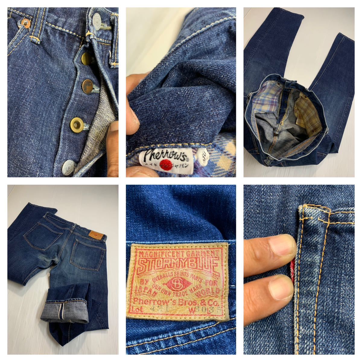 Pherrow\'s Fellows STORMY BLUE stormy blue Lot421 check flannel s rakes Denim 501XX large war jeans pants W30 L35 approximately 77cm