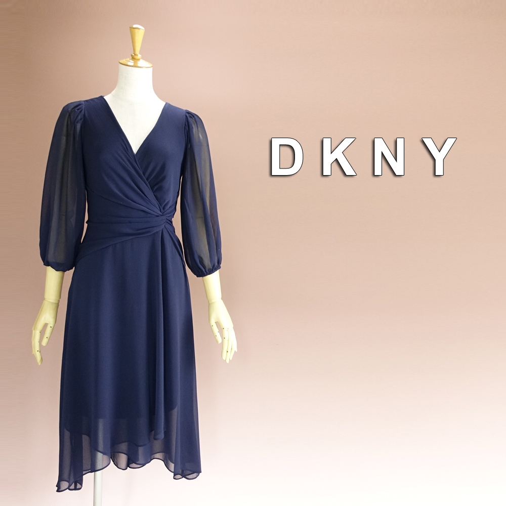 新品 DKNY 14W/21号 ダナキャラン 紺 シフォン ワンピース パーティドレス 長袖 大きいサイズ 結婚式 二次会 披露宴 フォーマル 葵34X1708の画像1