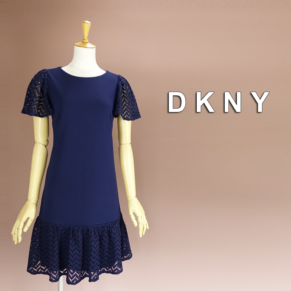 新品 DKNY 8/13号 ダナキャラン 紺 刺繍 ワンピース パーティドレス 半袖 結婚式 二次会 披露宴 フォーマル お呼ばれ 発表会 輝50X2413_画像1