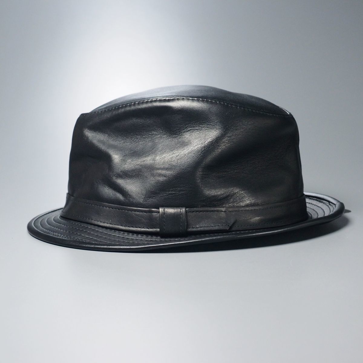 MF6702：未使用*USA製*NEW YORK HAT/ニューヨークハット*ラムスキン*レザーフェドラハット*帽子*Large*ブラック_画像2