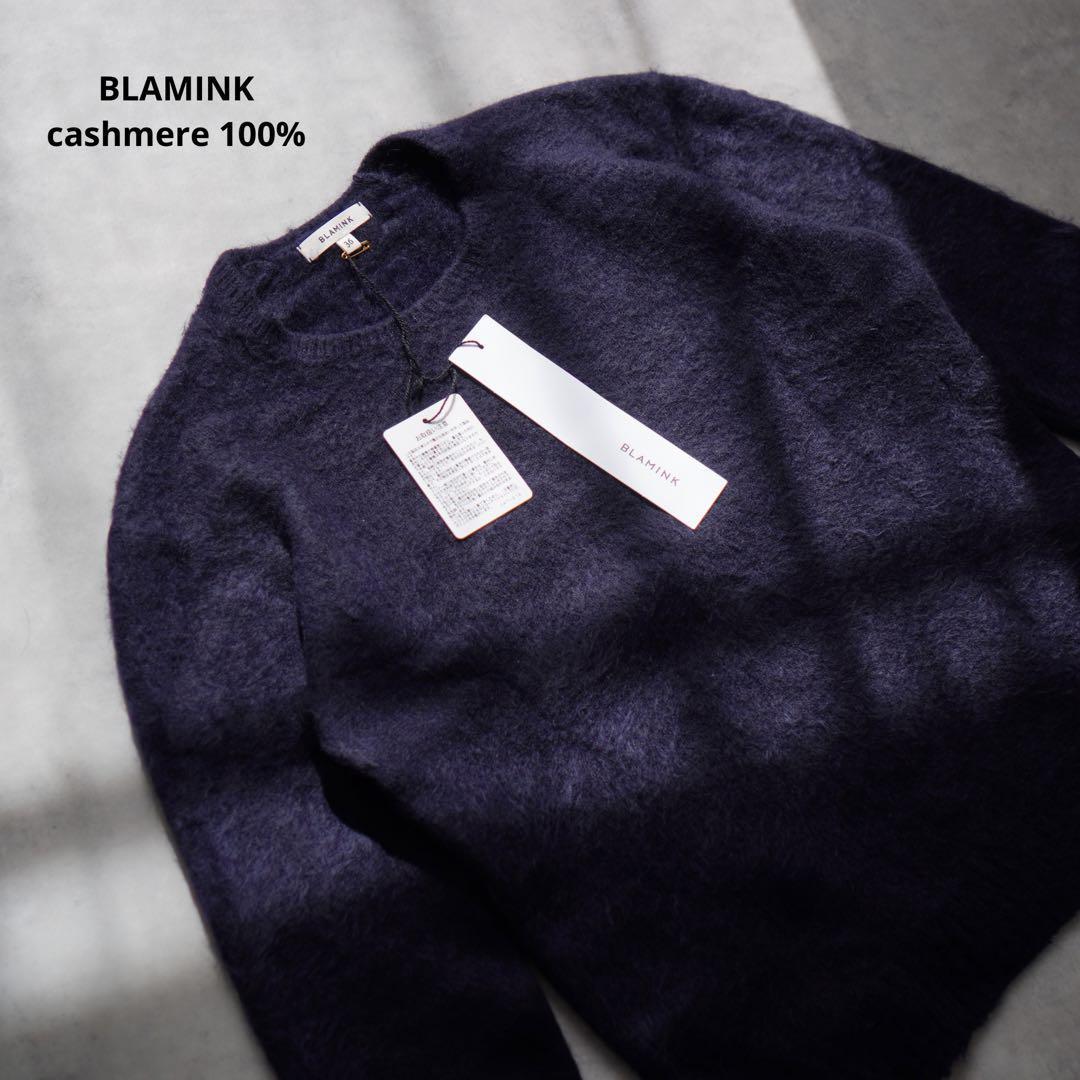 新品未使用 BLAMINK ブラミンク カシミヤニット セーター カットソー トップス ネイビー カシミヤ100% 袖リブ 裾スリット MADE IN JAPAN