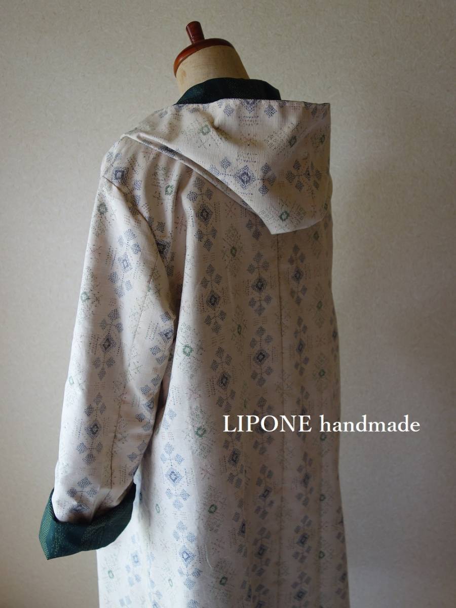 LIPONE:珍しい緑の紬/リバーシブルフードコート/着物リメイク※ハンドメイド_画像7