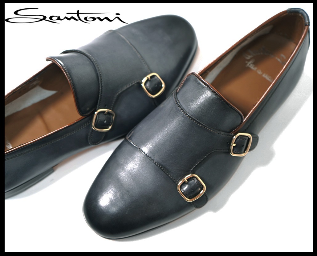 新品9.7万【SANTONI】FATTE A MANO/極上の艶纏う芸術品/サントーニ最高級ダブルモンクレザーシューズ/UK5.5/24.5㎝/MADE IN ITALY_画像1