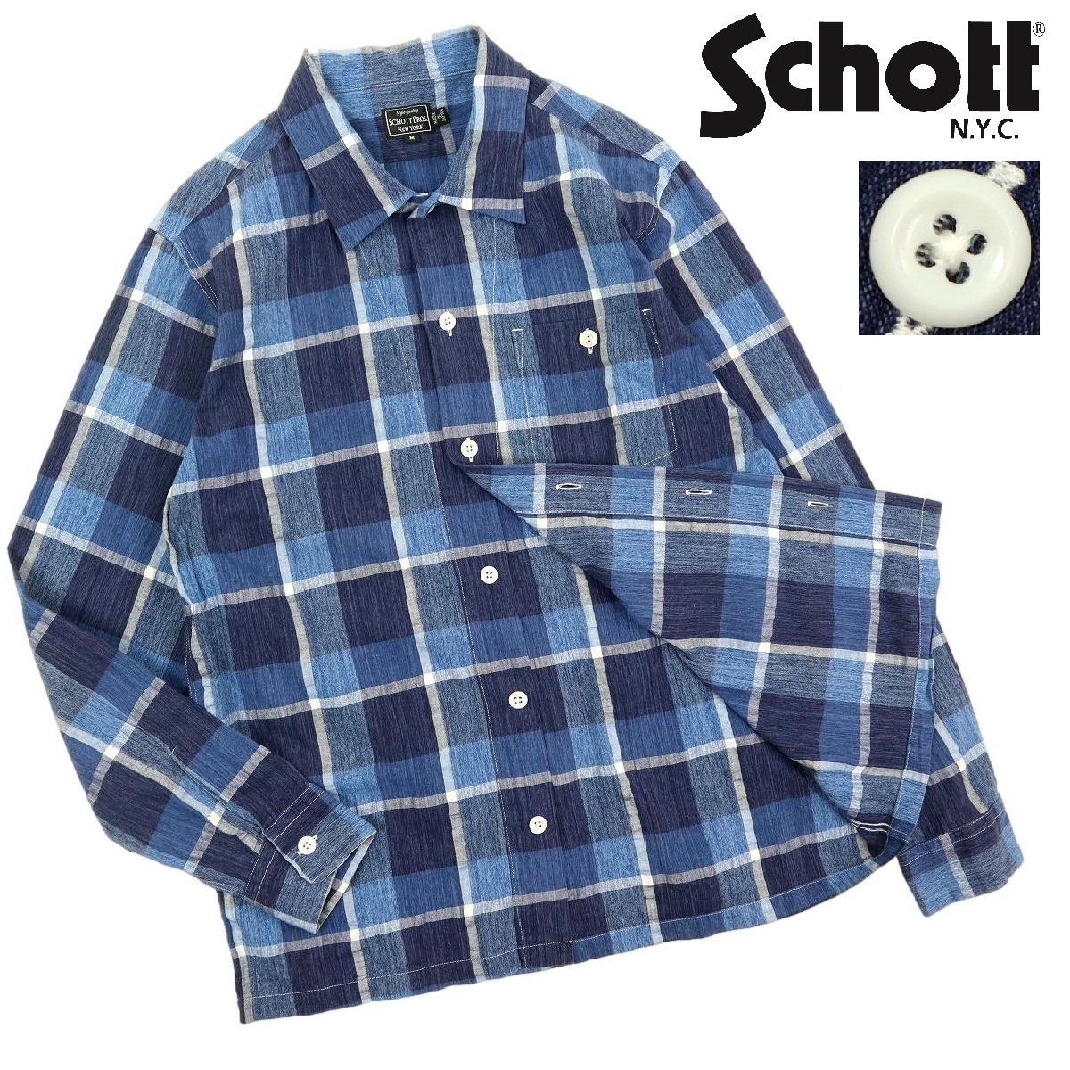 【B2510】【美品】【日本製】SCHOTT BROS. ショット ブロス 長袖シャツ チェック 綿×麻 サイズM　_画像1