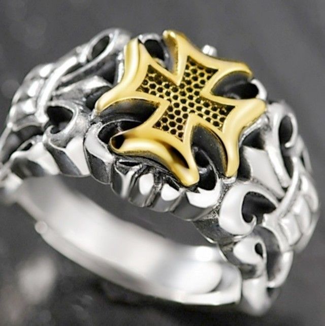 w286 メンズシルバークロスユリリング 指輪 ラグジュアリーアンティーク彫り 金銀