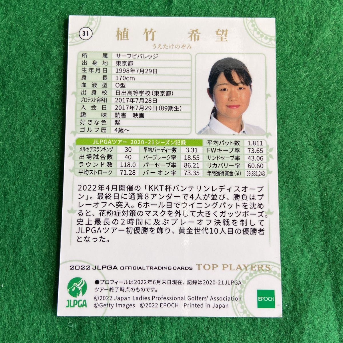 女子プロゴルフ　植竹希望　JLPGAオフィシャルトレーディングカード_画像2