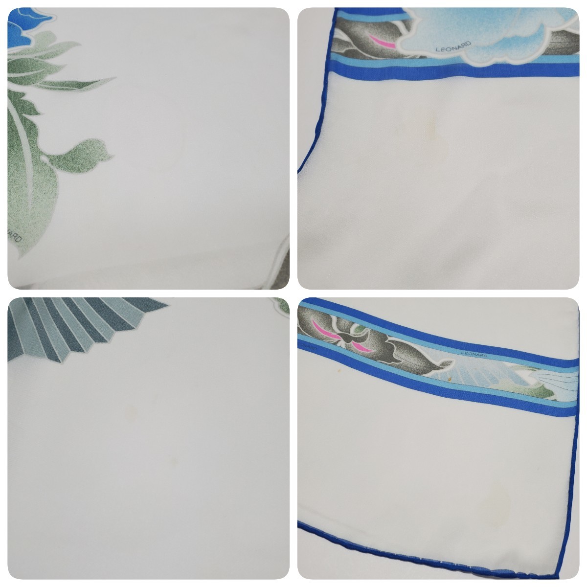 LEONARD レオナール ホワイト系 ブルー グリーン 花柄 スカーフ シルク100％ ストール イタリア製 ユーズド品_画像7