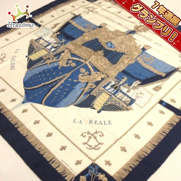 華麗 エルメス スカーフ 美品 DE ROSSE CA DU VUE ネイビー×アイボリー