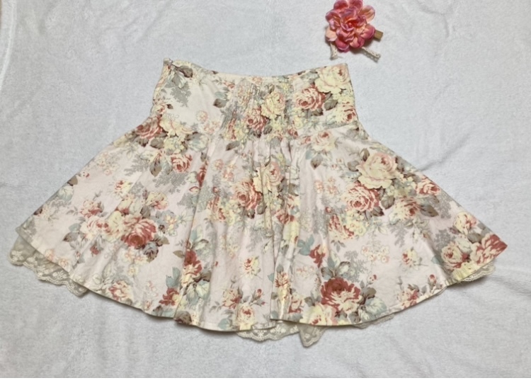  Liz Lisa * pink * floral print * rose pattern * skirt ribbon race frill beige pink corduroy 