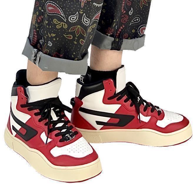 新品 DIESEL ディーゼル レザー ハイカットスニーカー WHITE RED BLACK 白赤黒 配色 AJ1 CHICAGO シカゴカラー ユーロプレミアムカジュアル