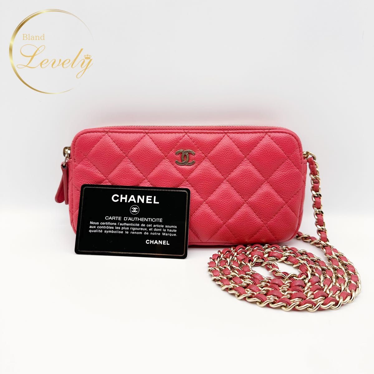 CHANEL　シャネル　マトラッセ　キャビアスキン　チェーンウォレット　チェーンショルダー　ショルダーバッグ　フォンケース　ピンク