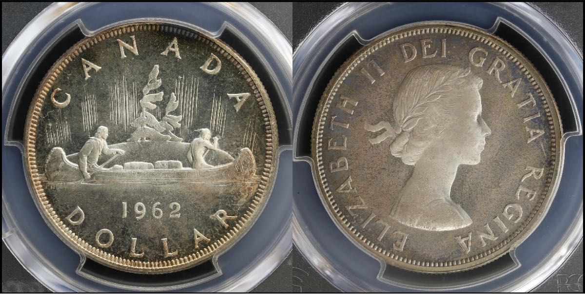 『PCGS PL65』カナダ エリザベス2世カヌー1ドル銀貨（1962年）