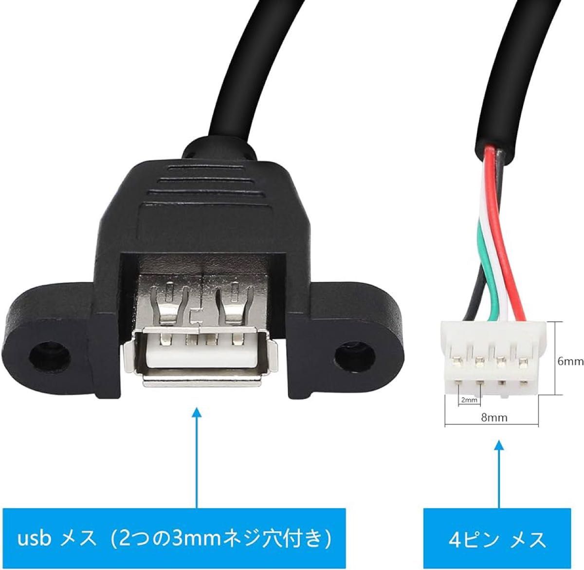 USB 2.0パネルマウント型　変換ケーブル usb2.0 USB延長ケーブル