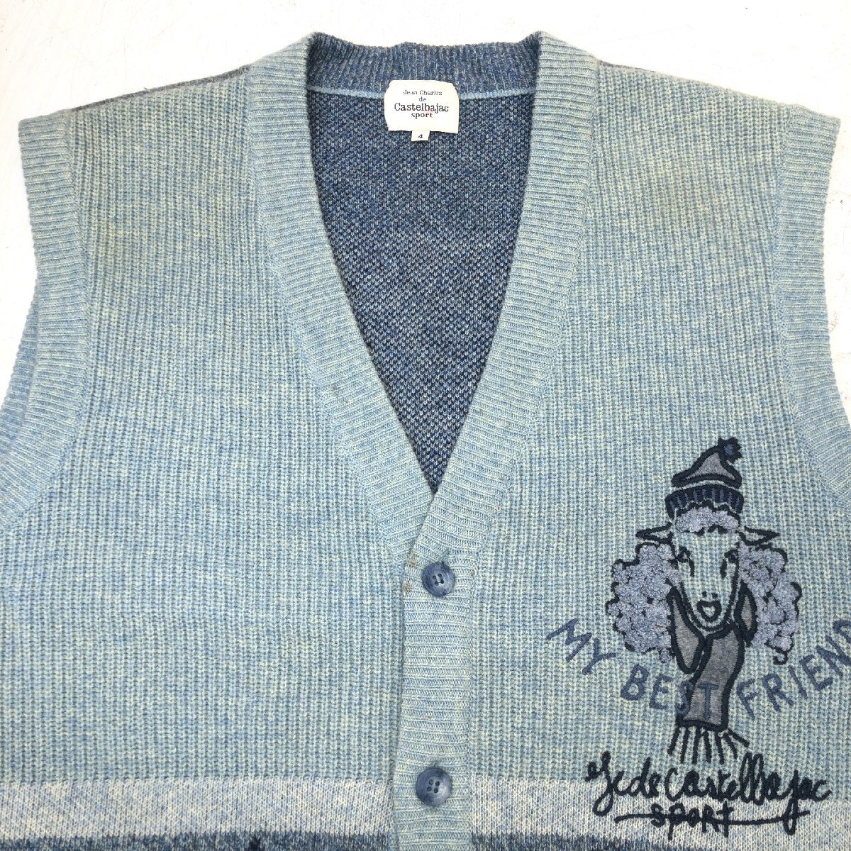 ●Castelbajac カステルバジャック ロゴ刺繍 ニット ベスト 4(XL) 水色 ライトブルー セーター 日本製 特大 大きい 2L LL メンズ 紳士_画像5