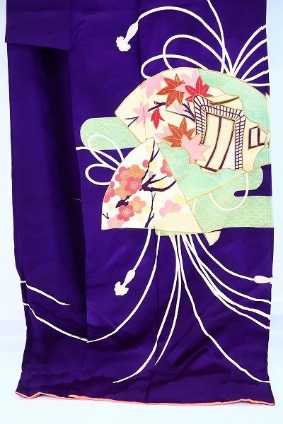 【着物フィ】アンティーク 訪問着 紫色 金駒刺繍 紅葉 梅 扇 身丈173cmトールサイズ 袷 お洒落 大正ロマン レトロ kimono 仕立上がり 14752_画像8