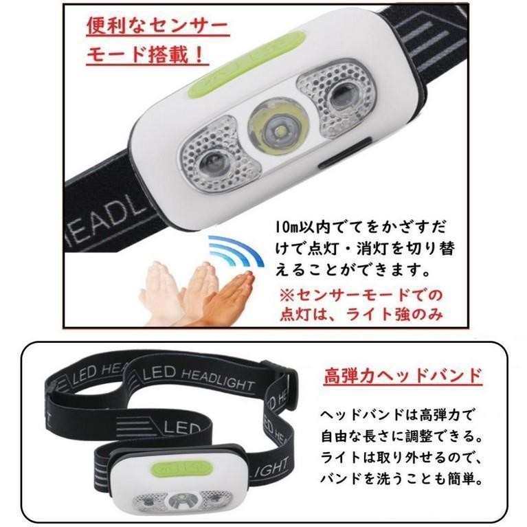 人気商品 お得な２個セット 触れずに操作！モーションセンサー制御 USB充電 防水LEDヘッドライト 散歩 夜釣り 登山