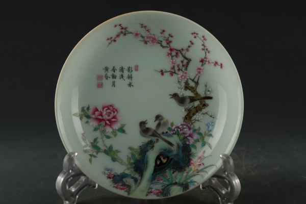「清 乾隆年製 陶磁器 粉彩花鳥盤」染付 置物 擺件 古賞物 中国古美術 旧蔵出