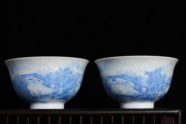 「清 雍正年製 陶磁器 藍彩山水碗一対」染付 置物 擺件 古賞物 中国古美術 旧蔵出
